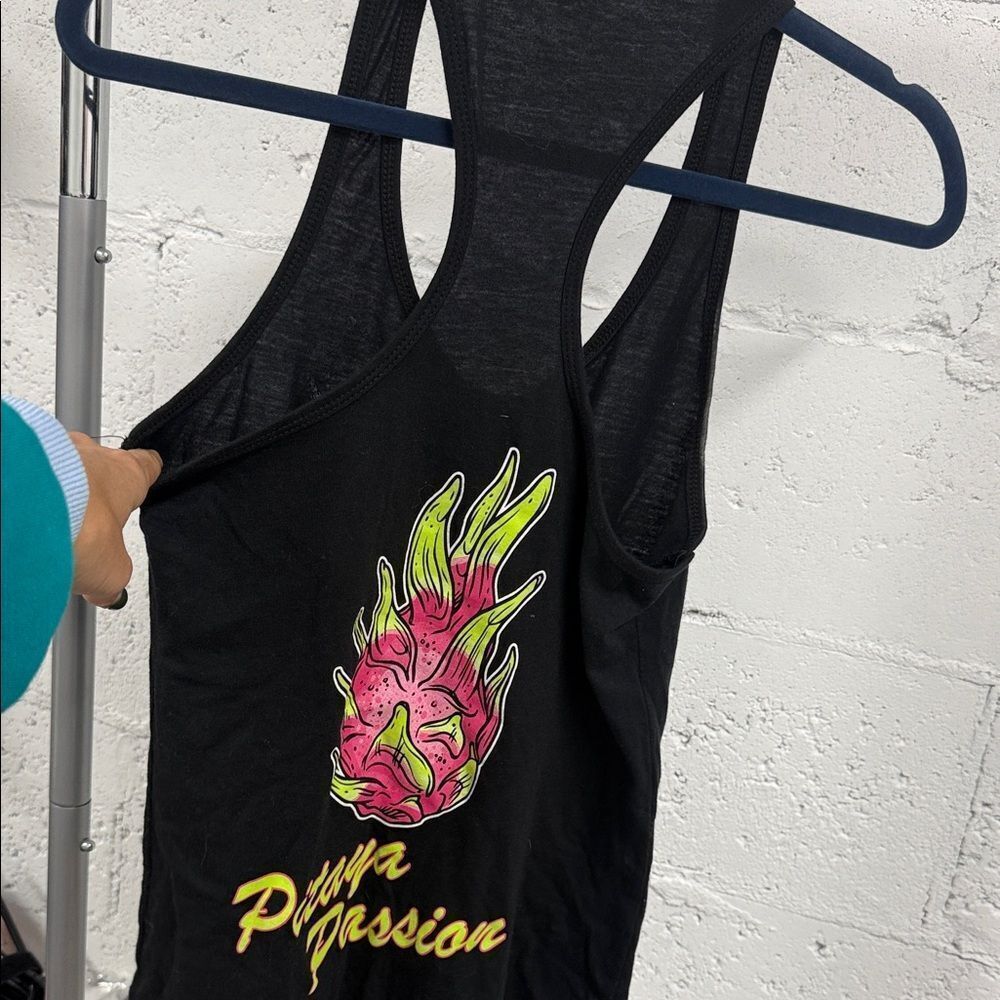 Black Cotton Tank Top with Large Dragon Fruit Graphic on Back - Small Front Logo